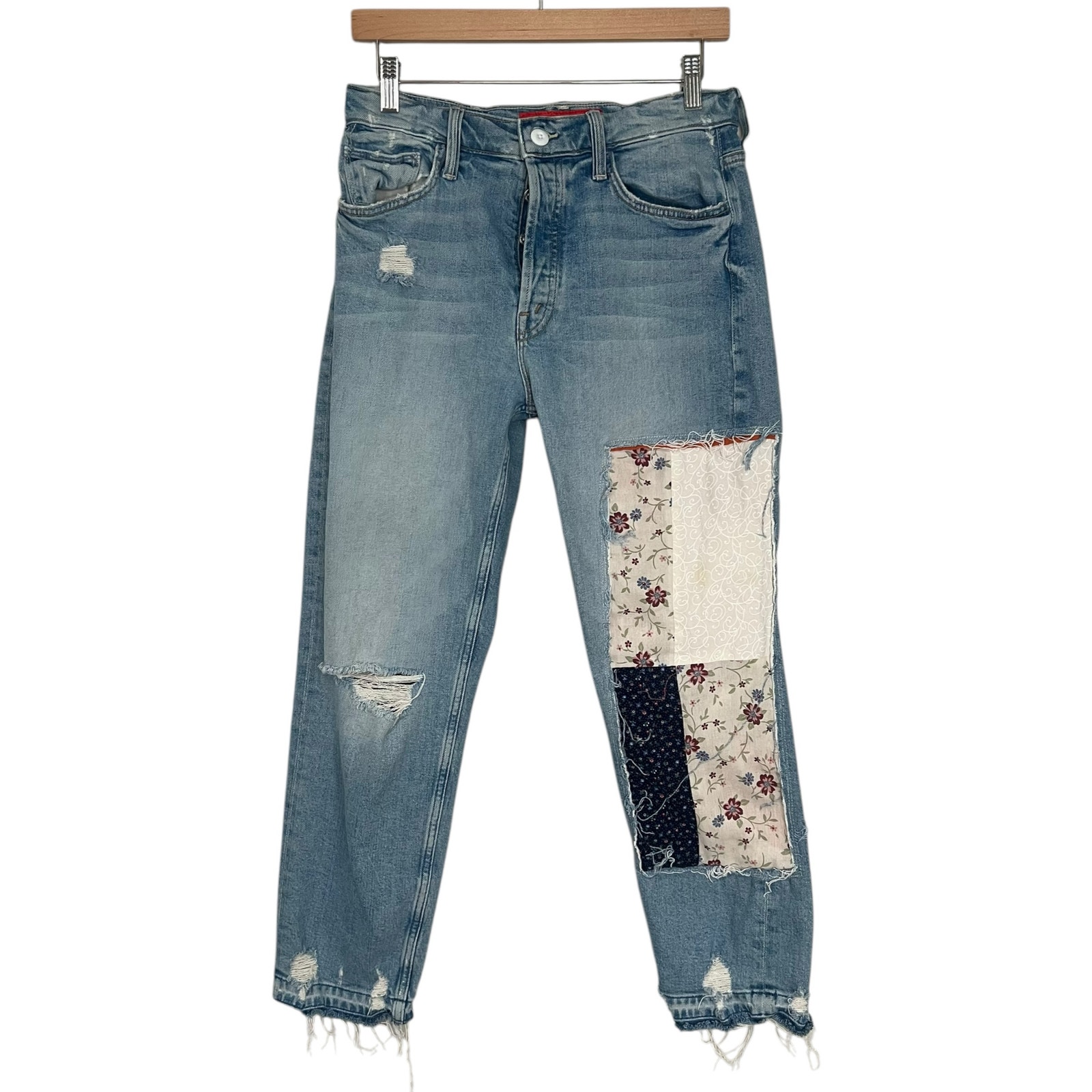 Mother X Carolyn Murphy Distressed Patchwork Tomcat Ankle Undone Jeans Size 27